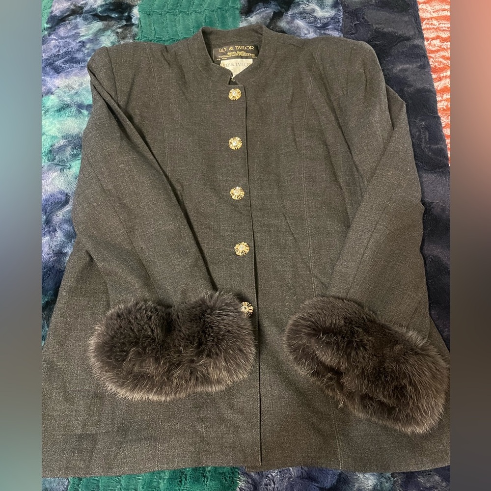Lily & Taylor Women's Black Blazer with Fox Fur Cuffs